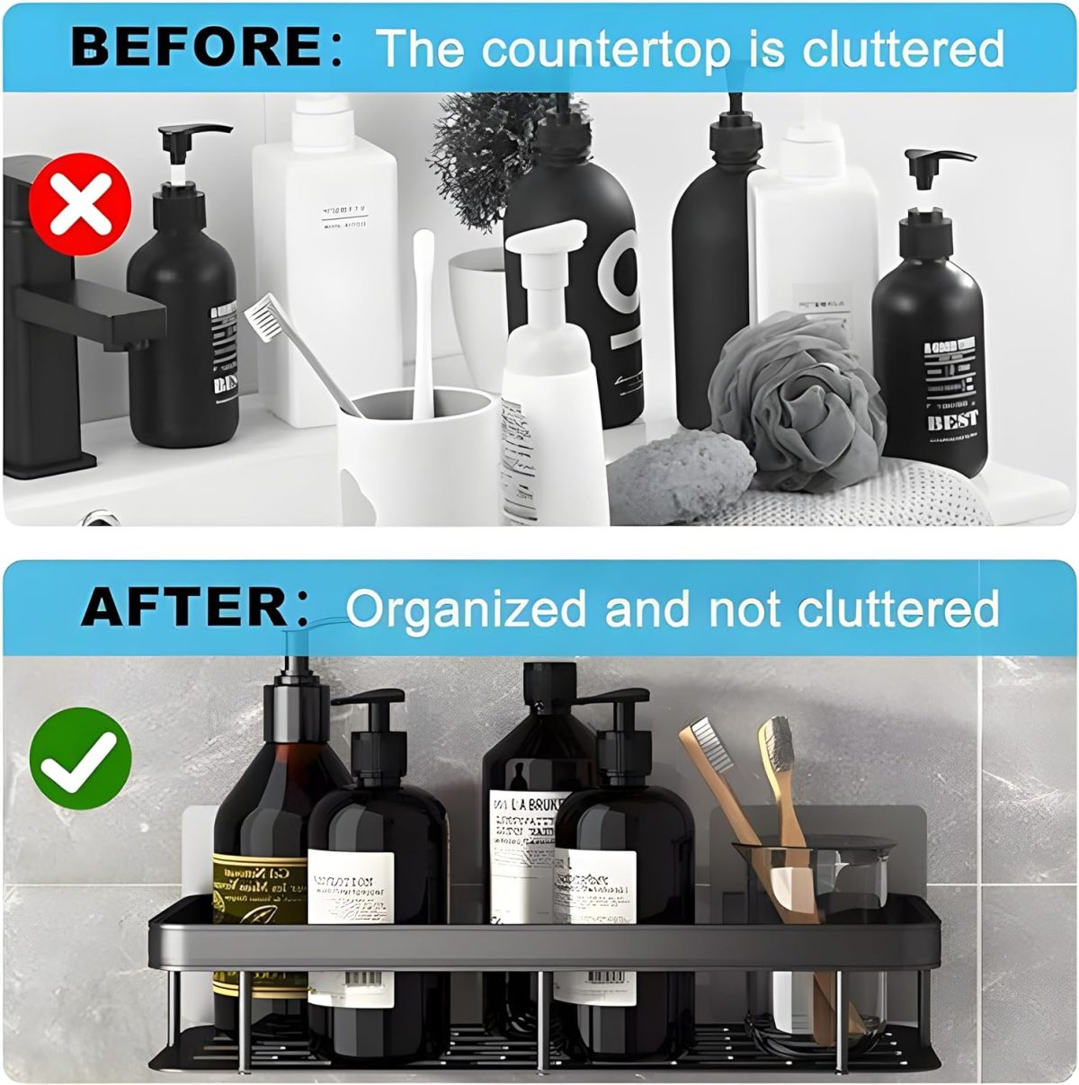 MorivaHomes Multipurpose Self-Adhesive Aluminium Bathroom Wall Mounted Storage Organizer Shelf Holder/Rack/Bathroom Accessories (Pack of 2, Black) - Image 3
