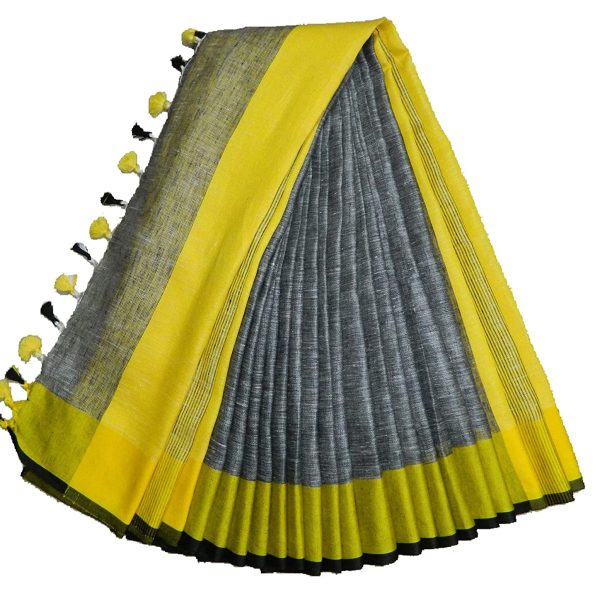 HAIDER ALI AND SONS Pure Linen Saree for Women With Unstitched Blouse Piece | Traditional Ethnic wear Summer Saree (Grey)