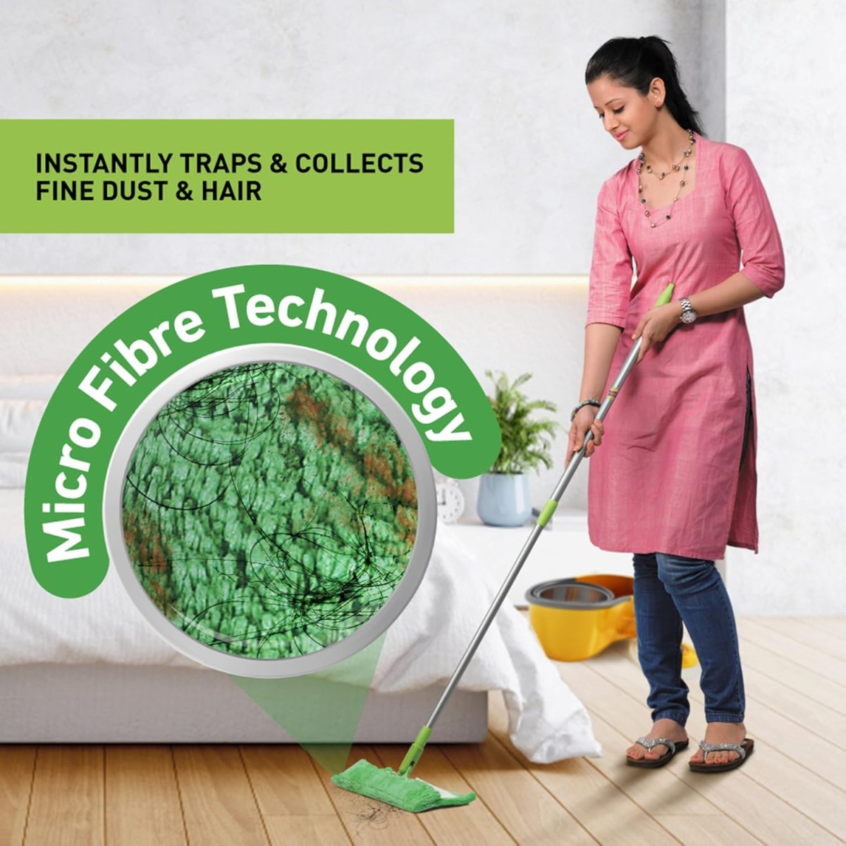 Scotch-Brite Multi-purpose Microfiber Flat Mop with 1 extra refill for Dry & Wet Cleaning, 360 degree Rotating head and Telescopic handle, suitable for Floor, Glass, Ceiling and Walls (Green) - Image 2