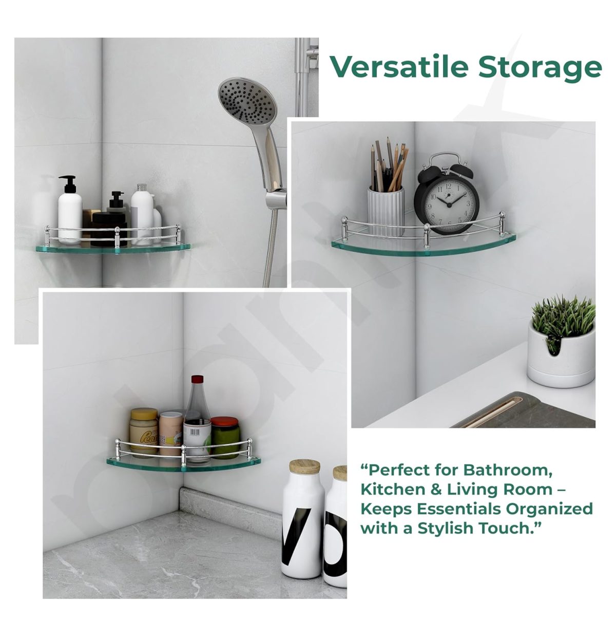 Plantex Glass Shelf for Bathroom Wall/Glass Corner Shelf for Bathroom Shelf for Wall Glass/Bathroom Corner Organizer (9x9 inch) - Pack of 3 - Image 7