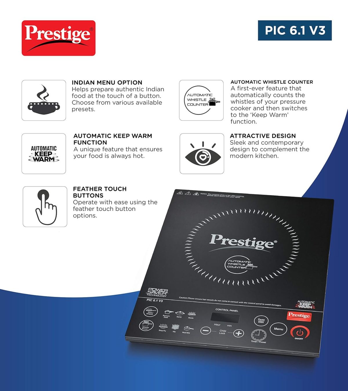 Prestige PIC 6.1 V3 PIC 2200 Watts Induction Cooktop |High Voltage Surge Protection| Automatic Whistle Counter | Feather Touch Buttons | Keep Warm Function |Dual Heat Sensor| Black - Image 4