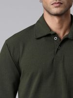 Men's Stylish Textured Full Sleeve Polo T-Shirt (Olive Green) - Image 3