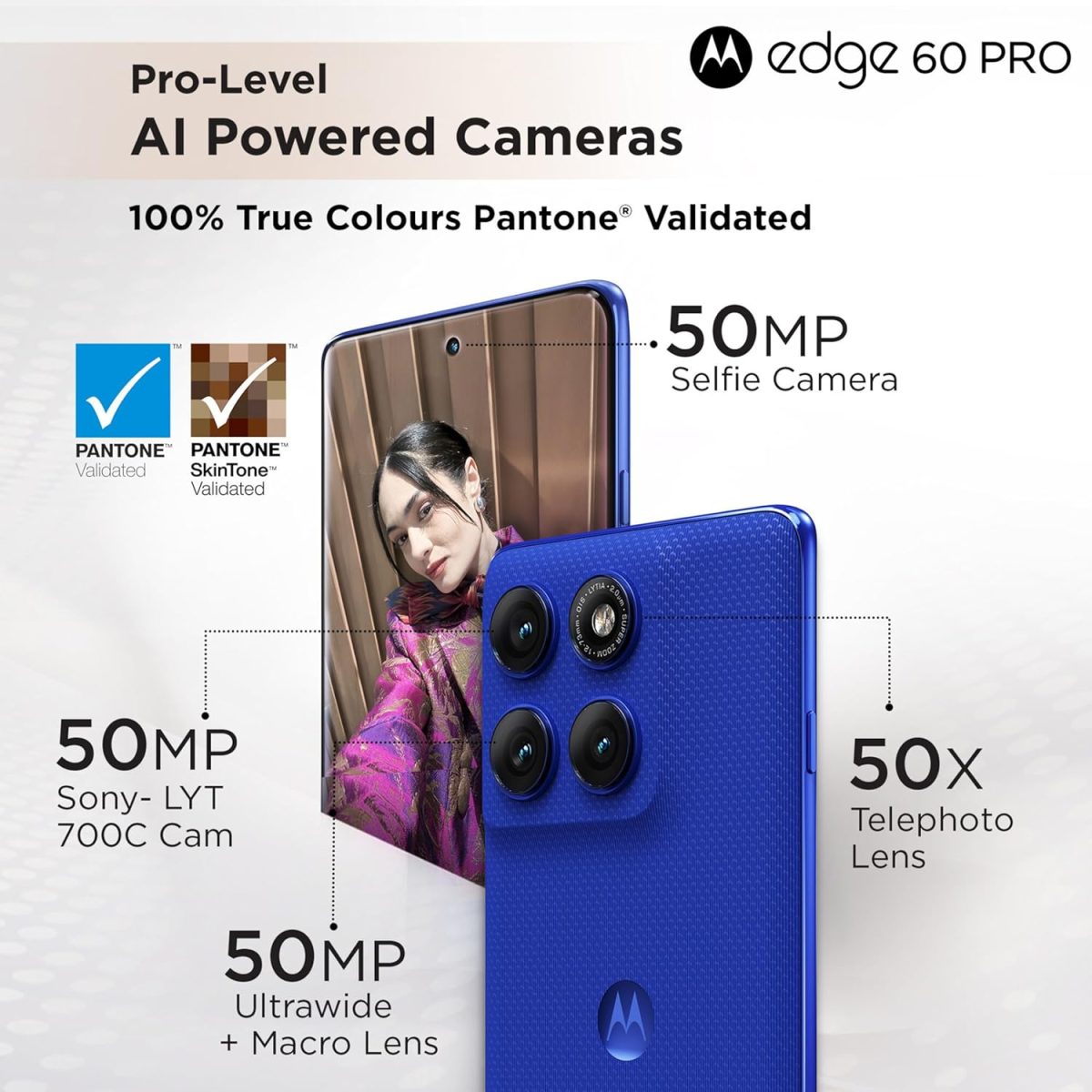 Motorola Edge 60 Pro 5G (Pantone Dazzling Blue, 8GB RAM, 256GB Storage) | 6.7" Display | 50MP+50MP+10MP | 50MP Front | Dimensity 8350 | 6000mAh | 90W & 15W Wireless Charging | IP68/IP69 Rated - Image 6