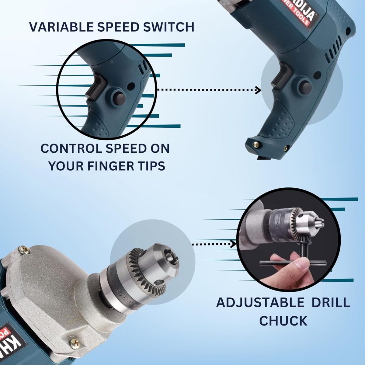 KHADIJA Drill Machine 10mm With Free 13Pcs HSS Drill Bits & 1Pc Masonary Bit Combo 6 Months Warranty (Blue) - Image 4