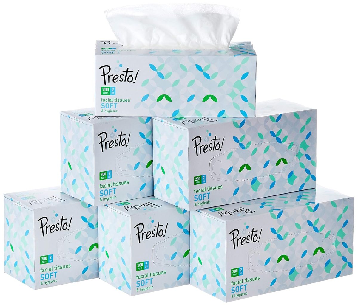 Amazon Brand - Presto! 2 Ply Facial Tissue Box | 1200 Pulls | 200 Pulls X 6 Cartons | Soft And Highly Absorbent | 100% Natural Virgin Cellulose Fiber