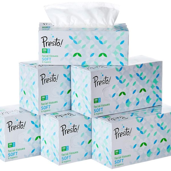 Amazon Brand - Presto! 2 Ply Facial Tissue Box | 1200 Pulls | 200 Pulls X 6 Cartons | Soft And Highly Absorbent | 100% Natural Virgin Cellulose Fiber