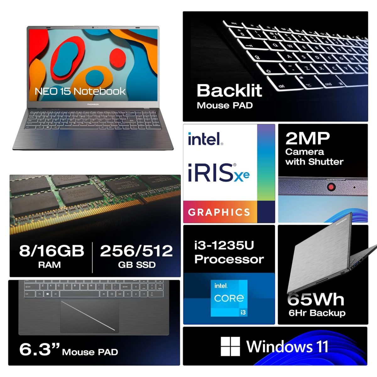Thomson 15.6 Inch In-N15I Windows 11, Intel Corei3 12Th Gen 1215U (8GB DDR / 512GB SSD/Backlight Keyboard) Window 11 (Stylish, 1.65Kg, Ultra Performance/Grey Brush) Notebook - Image 4