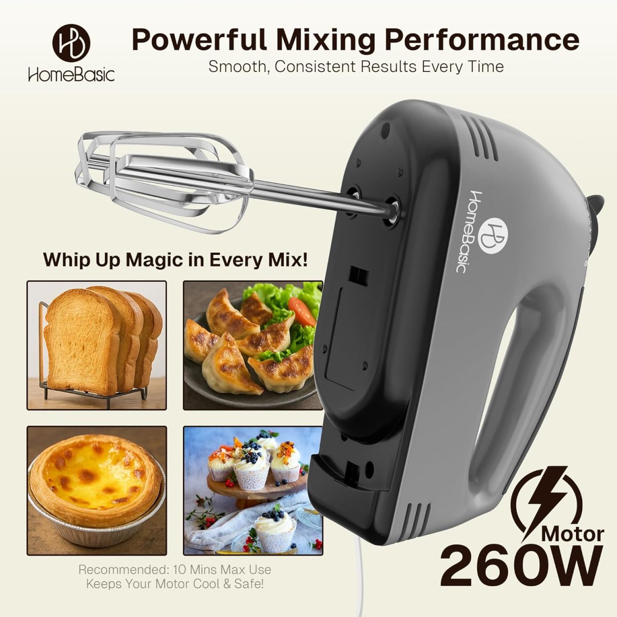 HOMEBASIC Hand Mixer for Cake Baking 260W | Electric Hand Beater with 7 Speed Control, Dough Hook & Beaters | Mixing, Whipping, Kneading, Egg Whisker Blender for Kitchen | Food Grade Stainless Steel - Image 3