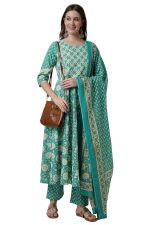 miss fame Women's Cotton Printed Kurta with Pant and Mulmul Dupatta - (Green)