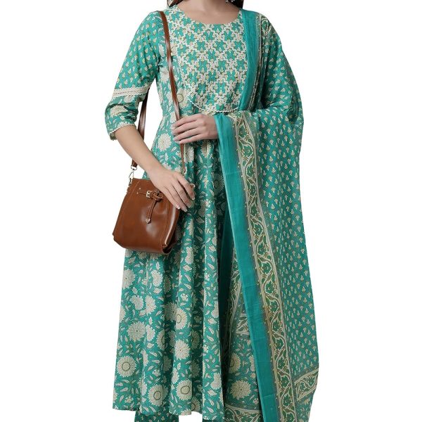 miss fame Women's Cotton Printed Kurta with Pant and Mulmul Dupatta - (Green)