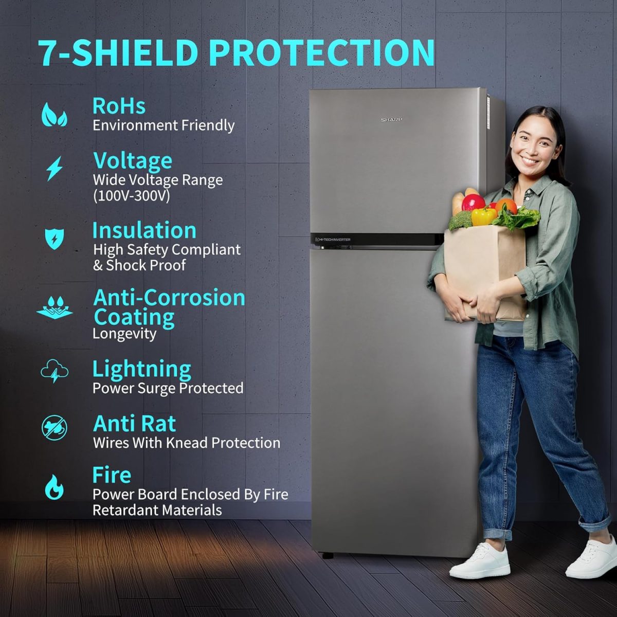 SHARP 265 L Frost Free Double Door 2 Star Refrigerator |Japan 7 Shield Protection|Hi-Tech Inverter | (Silver Hairline, SJ-FF305V2-PSH) - Image 4
