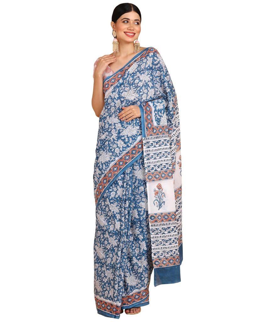 BLOCKS OF INDIA Hand Block Print Cotton Sarees For Women with Unstitched Blouse Piece