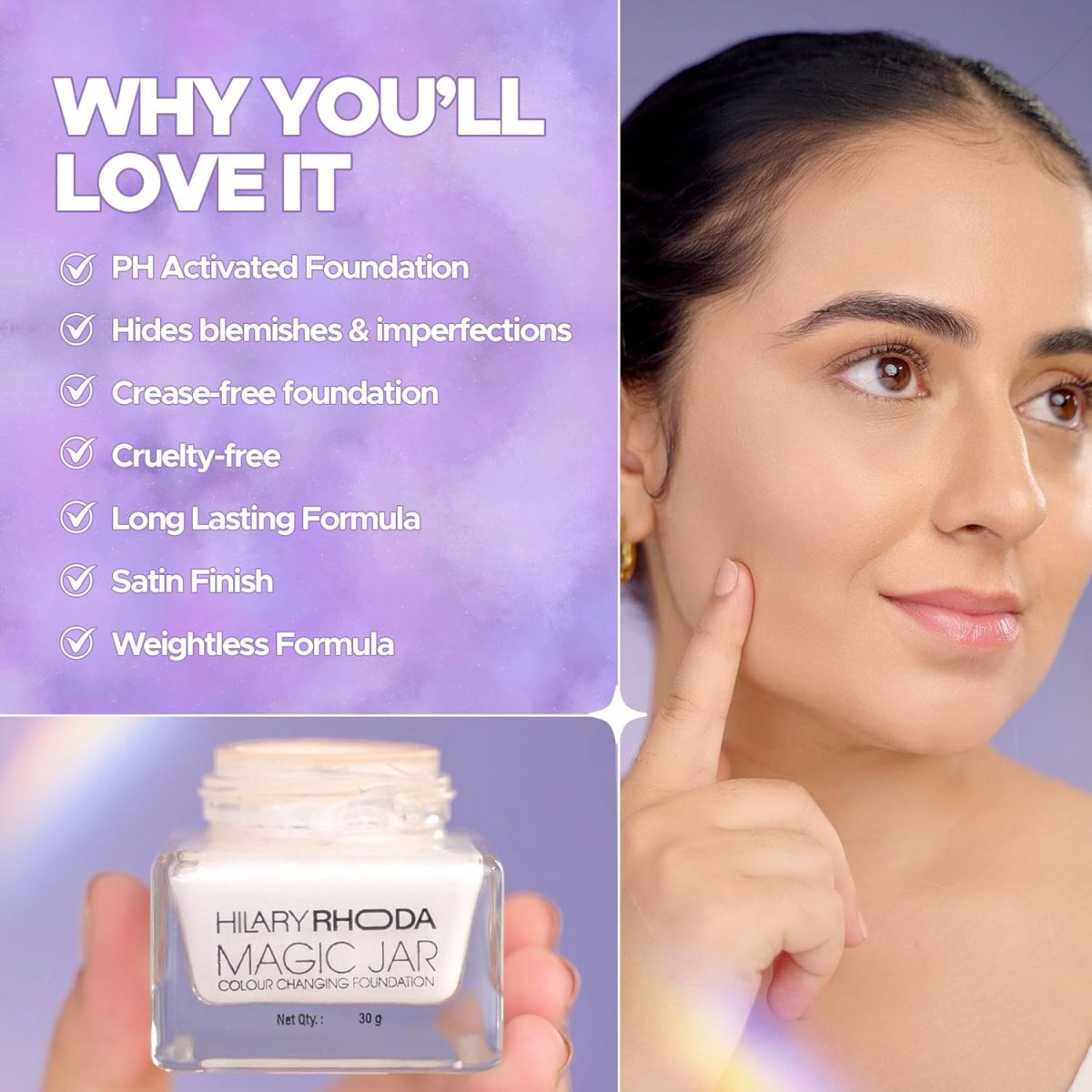 Hilary Rhoda Magic Jar Colour Changing Foundation Cream For All Skin Types | Buildable Coverage | Long Lasting & Weightless Formula | Crease-Free Foundation | Cruelty-Free | Satin Finish | 30G - Image 5
