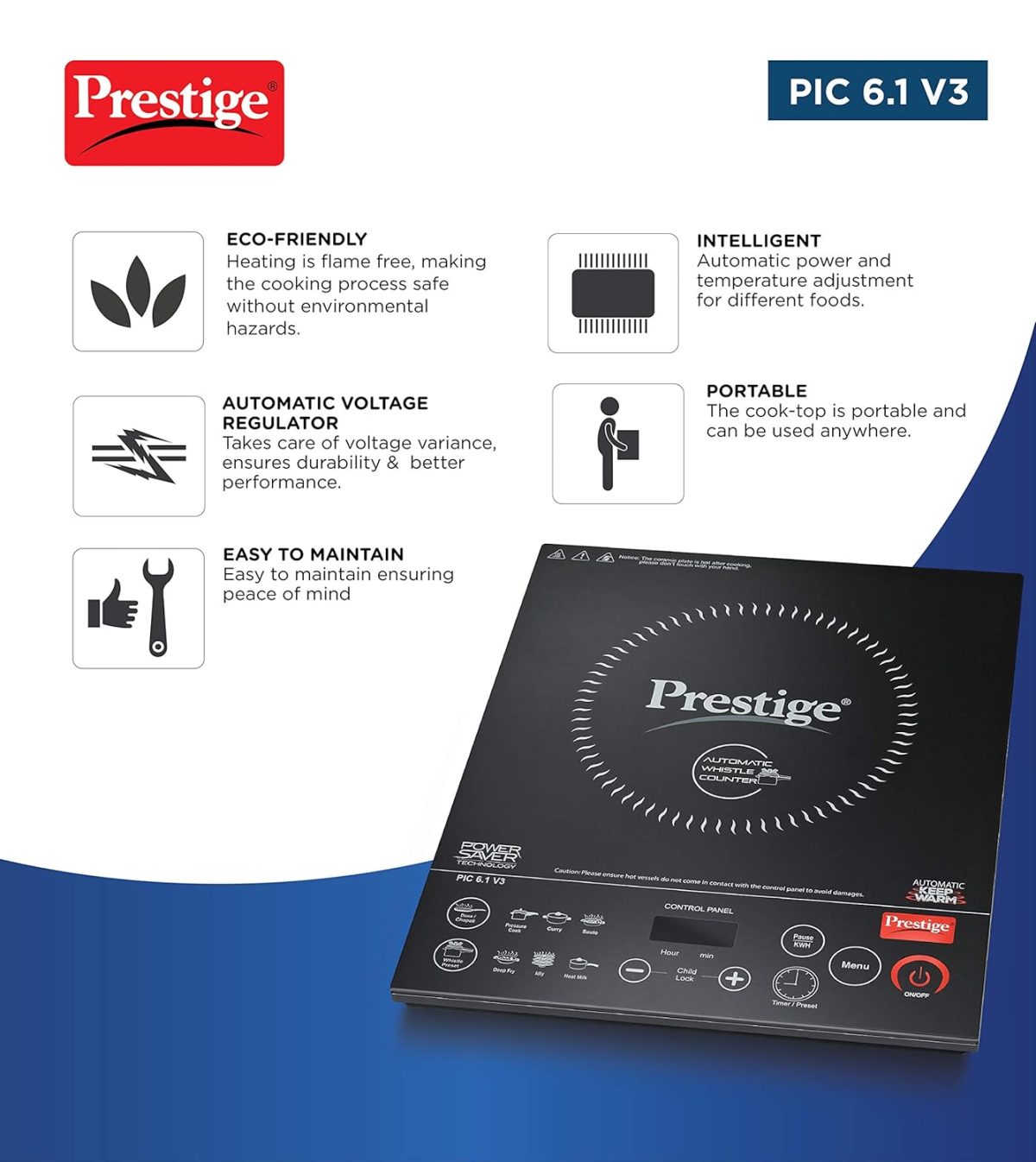Prestige PIC 6.1 V3 PIC 2200 Watts Induction Cooktop |High Voltage Surge Protection| Automatic Whistle Counter | Feather Touch Buttons | Keep Warm Function |Dual Heat Sensor| Black - Image 5