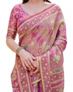 ALMAARI FASHION Handloom Cotton Floral Printed Saree with Tassels on Edges & Attached Blouse Piece | 5.5 Meter Saree + 0.8 Meter Blouse