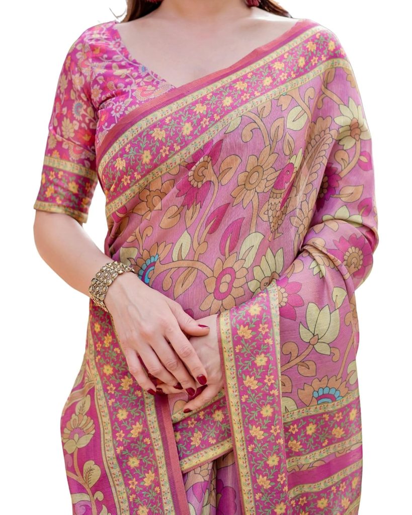 ALMAARI FASHION Handloom Cotton Floral Printed Saree with Tassels on Edges & Attached Blouse Piece | 5.5 Meter Saree + 0.8 Meter Blouse
