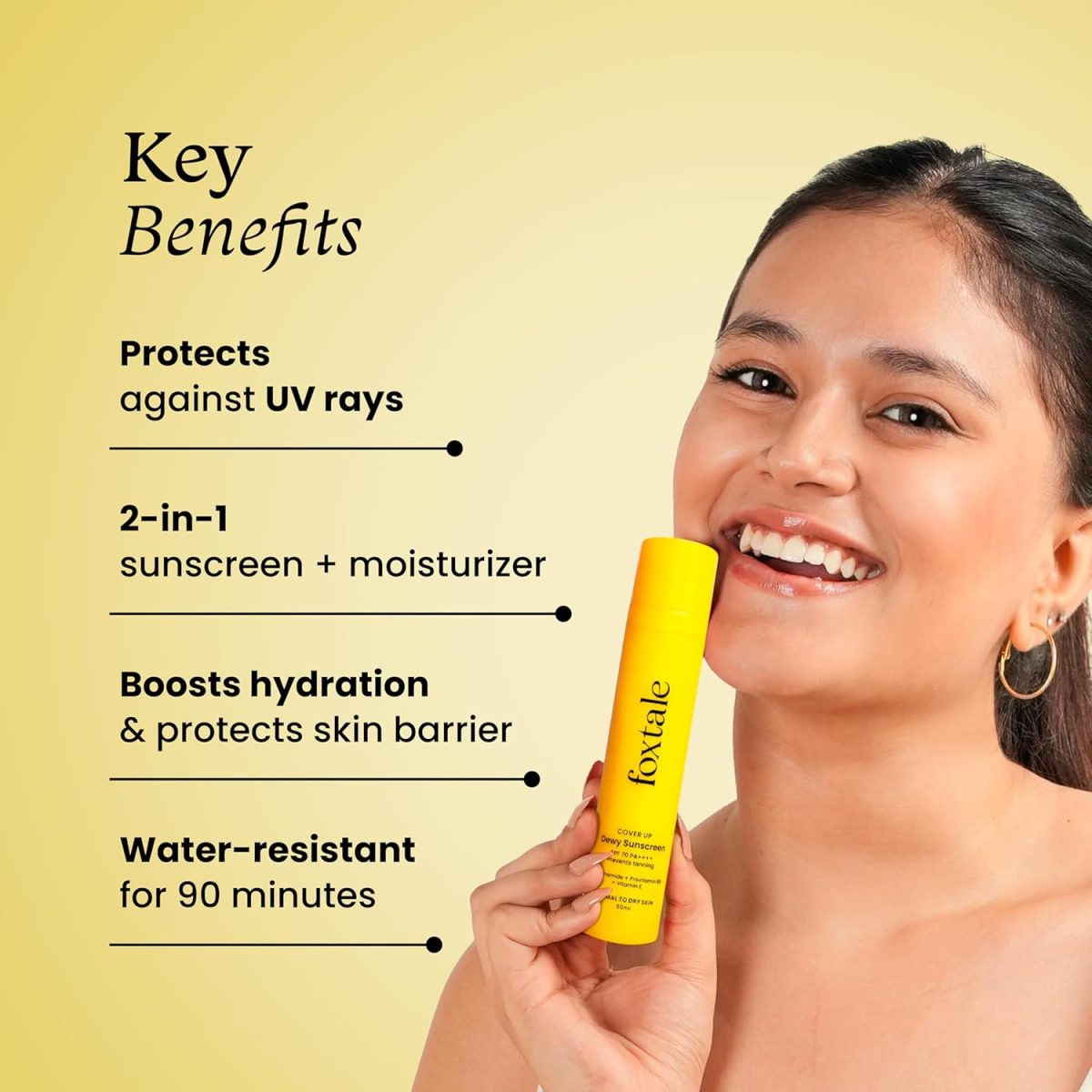 Foxtale SPF 70 Niacinamide Dewy Sunscreen with PA++++ For Dewy Sun Protection|Prevents Tan|Lightenweight, Non Greasy, No White Cast|Anti-Tan Formula|For Men & Women|For all skin type,50 Ml - Image 3