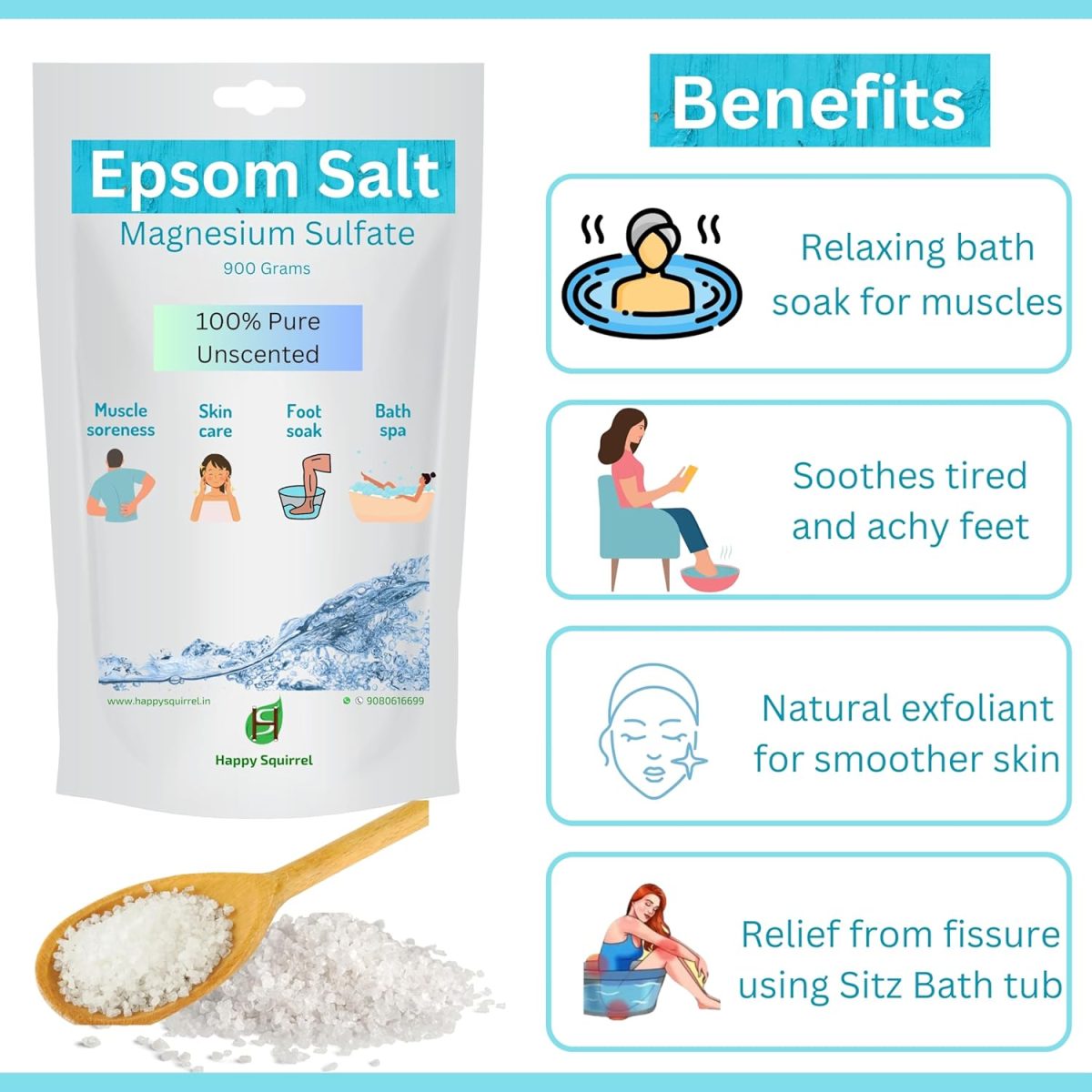 Happy Squirrel Epsom Salt for Foot | 100% Pure Epsom Salt for Bath | Unscented Magnesium Sulphate | Genuine alternate of Magnesium Oil for Feet and Pain Relief (900 Grams) - Image 4