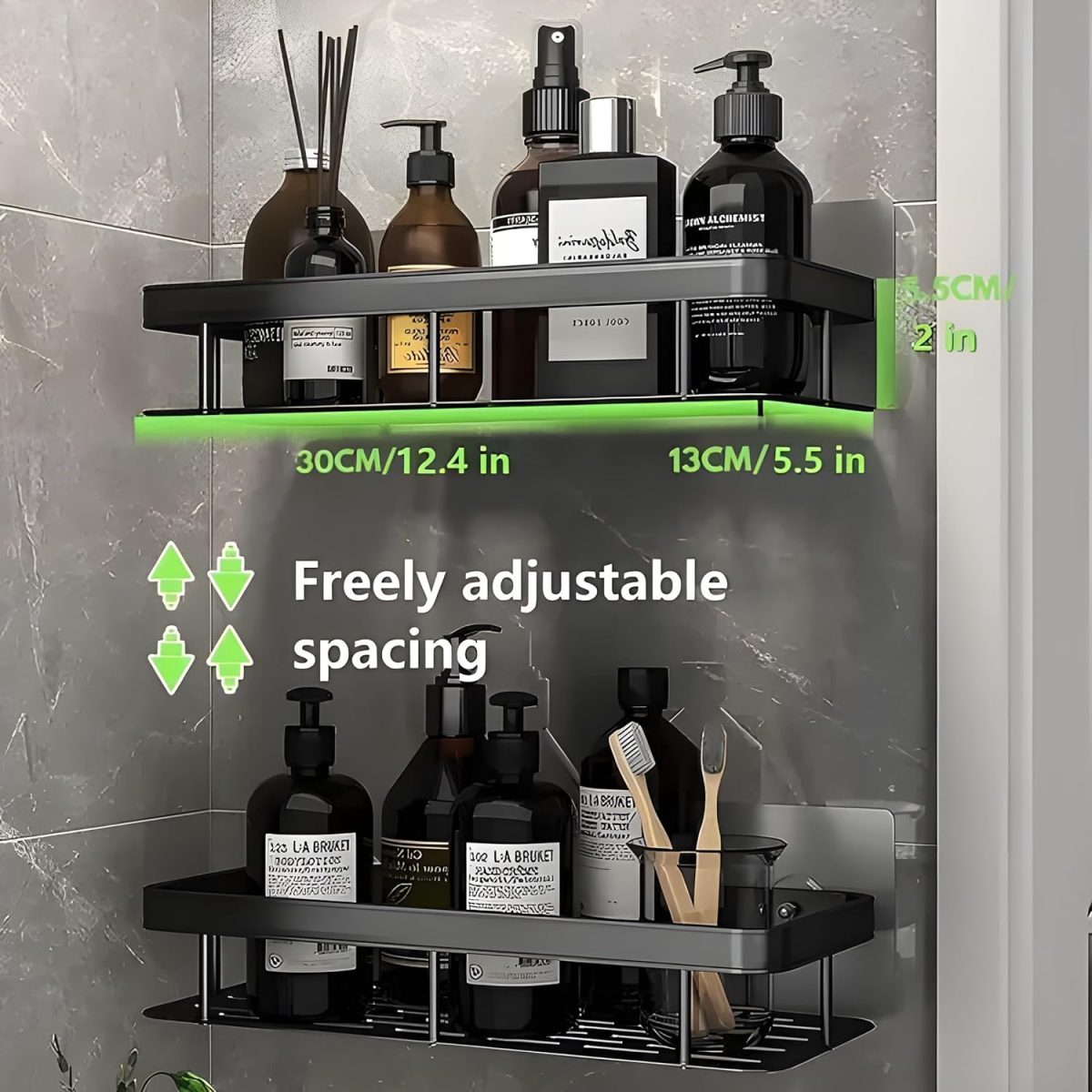 MorivaHomes Multipurpose Self-Adhesive Aluminium Bathroom Wall Mounted Storage Organizer Shelf Holder/Rack/Bathroom Accessories (Pack of 2, Black) - Image 2