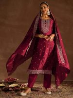 INDO ERA Women's Embroidered Silk Blend Calf Length Straight Kurta Pant And Dupatta Set (KH9MR6194) - Image 4