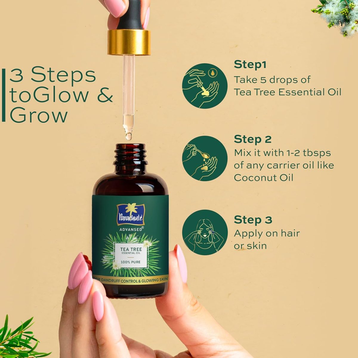 Parachute Advansed Tea Tree Essential Oil | 100% Pure| for Dandruff Control & Glowing Skin | Moisturises dry hair, Controls Dandruff, for Healthy & Clear looking Skin | 14ml - Image 5