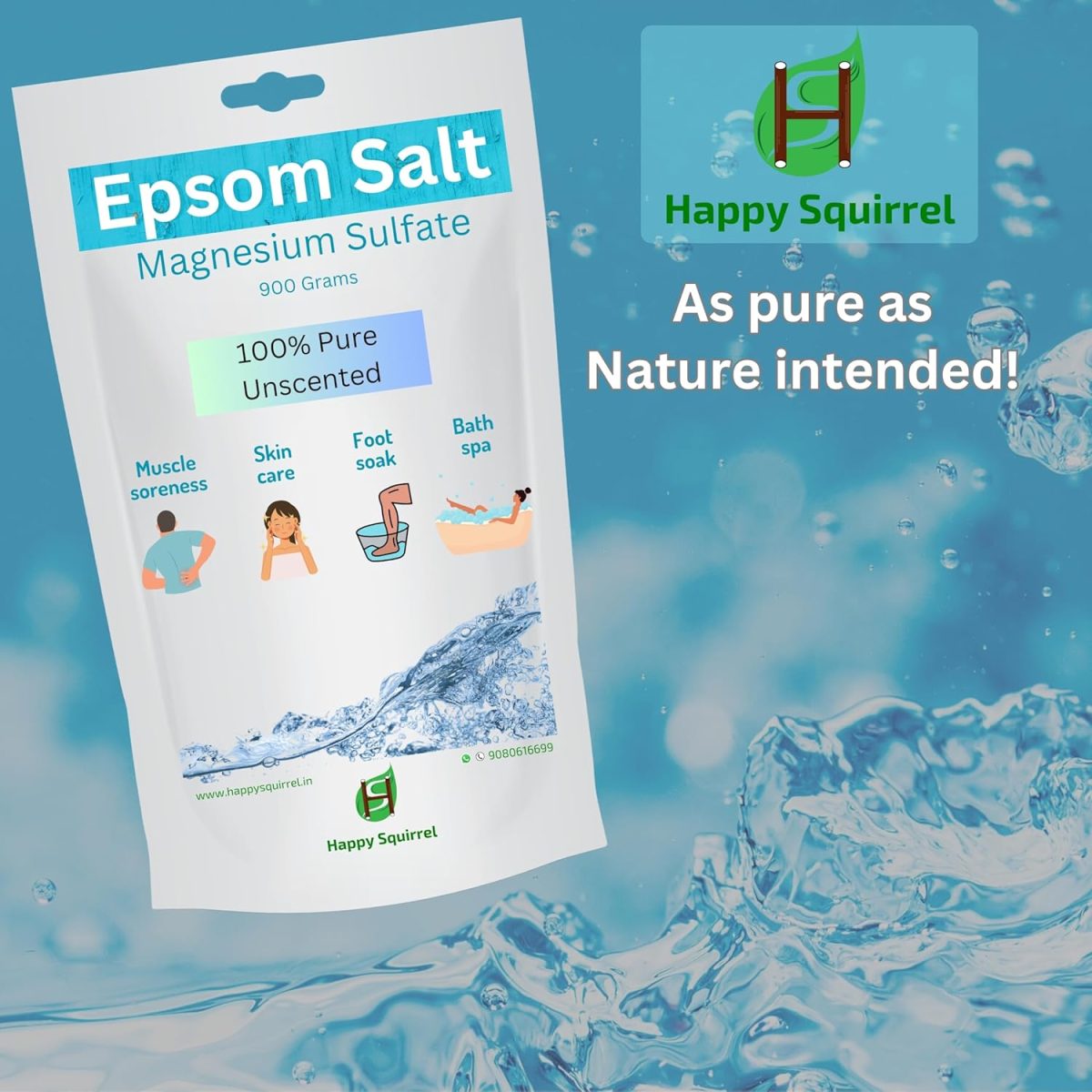 Happy Squirrel Epsom Salt for Foot | 100% Pure Epsom Salt for Bath | Unscented Magnesium Sulphate | Genuine alternate of Magnesium Oil for Feet and Pain Relief (900 Grams) - Image 7