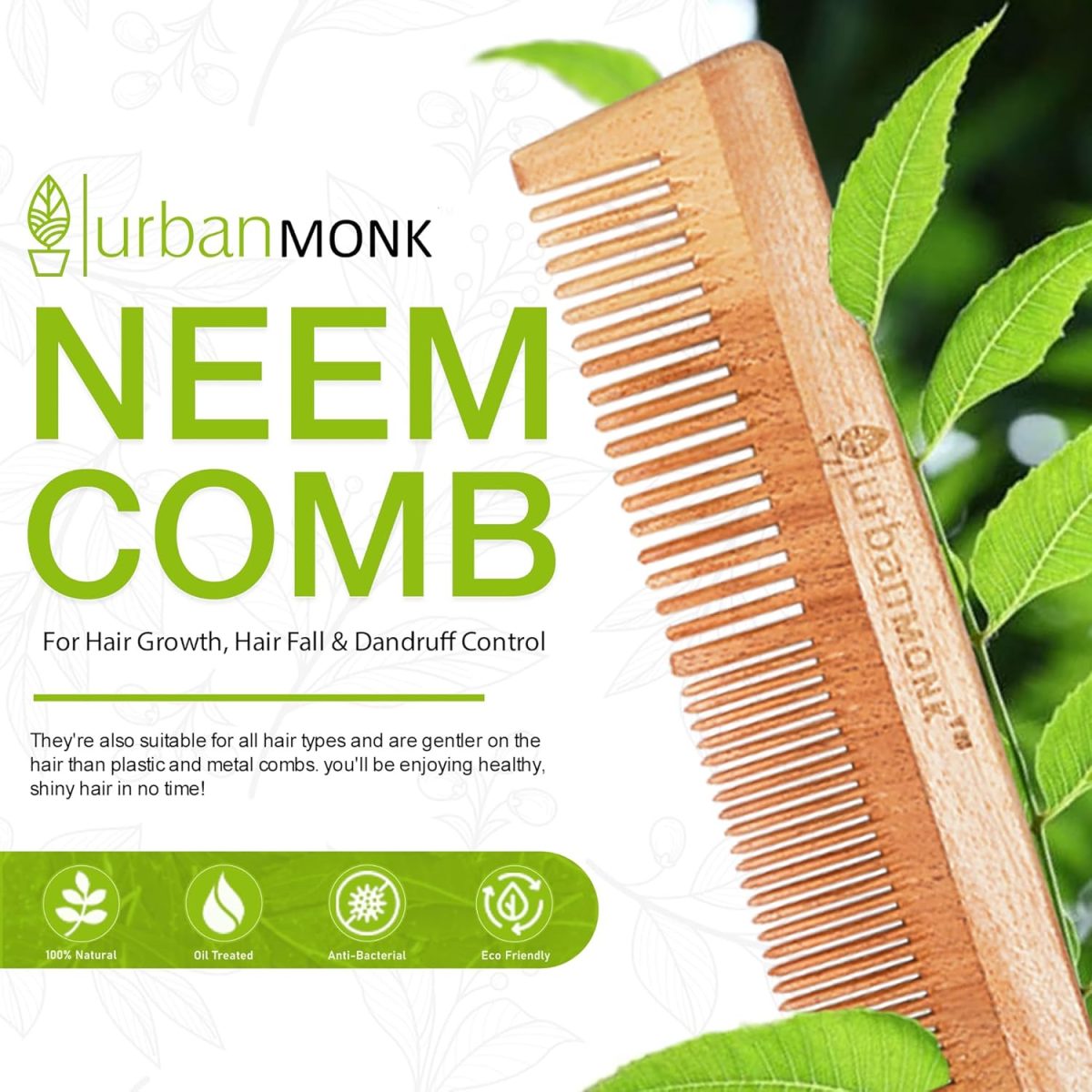 URBANMONK Neem Comb for Hair Growth | Wood Comb for Hair Growth, Hair fall & Dandruff Control | Neem Wooden Comb for Women & Men | All Five Combs - Image 2