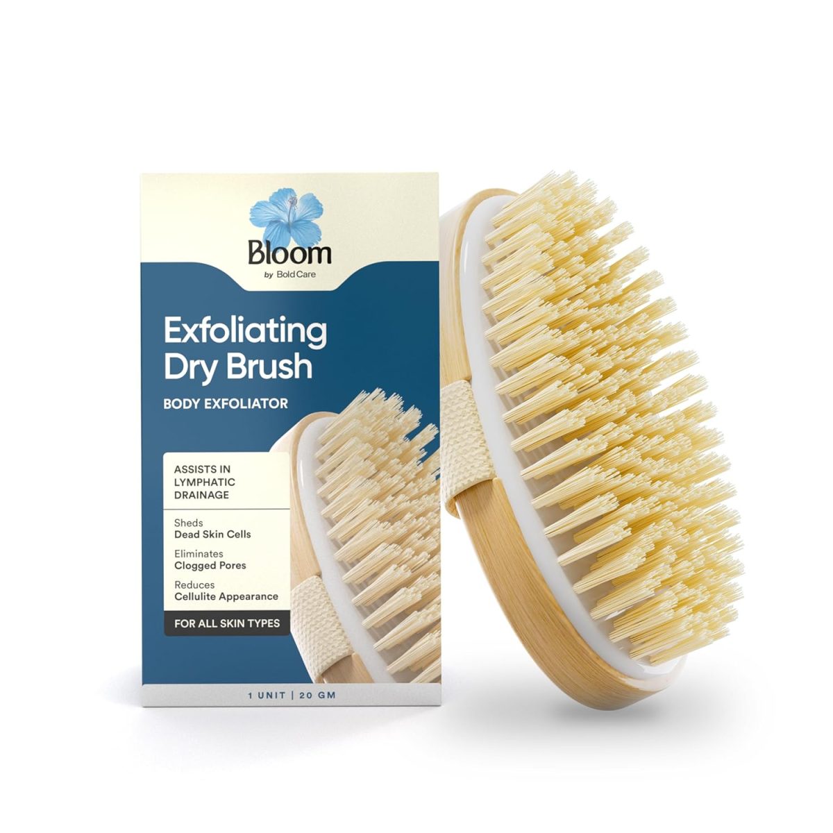 Bloom Exfoliating Oval Dry Bath Brush | For Lymphatic Drainage & Cellulite Appearance | Sheds Dead Skin Cells & Prevents Ingrown Hair | Wooden Bath Brush with Natural Bristles | (1 unit)