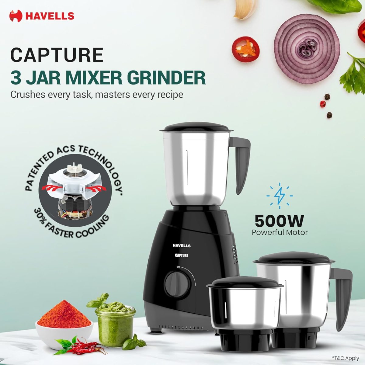 Havells Capture 500W Mixer Grinder 3 Stainless Steel Jars | 21000 RPM High-Speed Motor | Rust-Resistant 304 SS Blades | 1.5L Large Blending Jar | Overheat Protection | 1-Year Warranty (Black) - Image 2