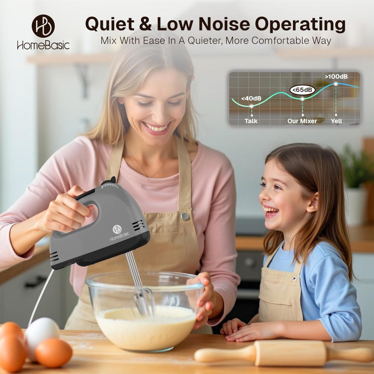 HOMEBASIC Hand Mixer for Cake Baking 260W | Electric Hand Beater with 7 Speed Control, Dough Hook & Beaters | Mixing, Whipping, Kneading, Egg Whisker Blender for Kitchen | Food Grade Stainless Steel - Image 6