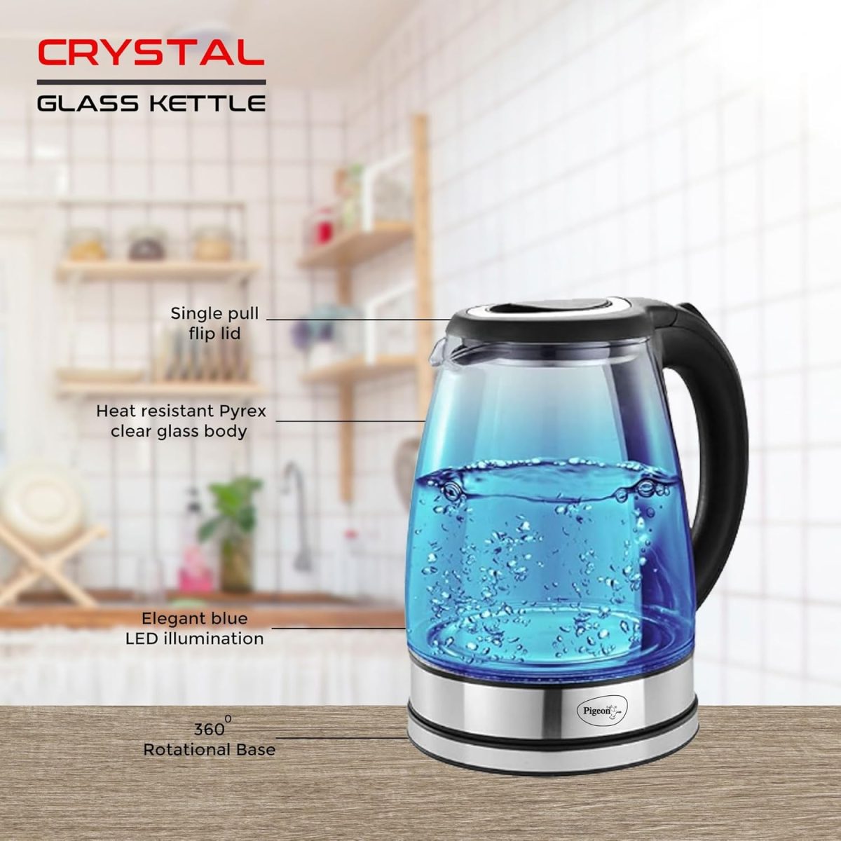 Pigeon by Stovekraft Crystal Glass Electric Kettle 1.8 litre with LED Illumination, Heat Resistant Pyrex 1500 Watt - Image 3