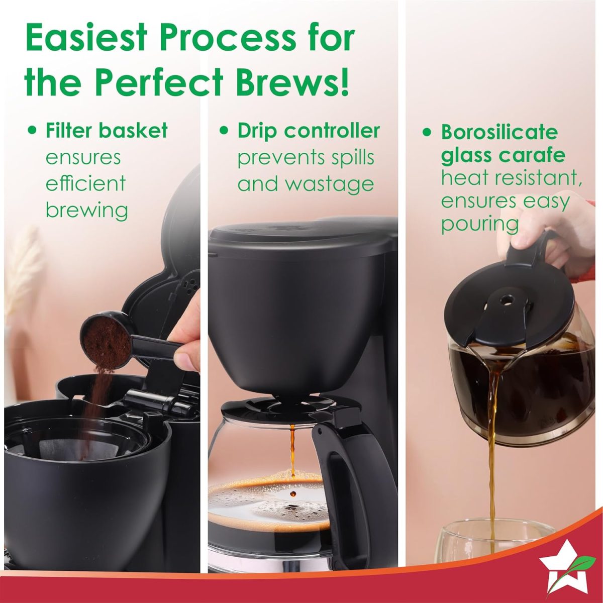 Wonderchef Swift Brew Coffee Machine for Home | 650W | Brew 6 Cups at a Time | Anti-Drip System | Keep Warm Plate | Borosilicate Glass Carafe | Compact Design | 2-Year Warranty - Image 4