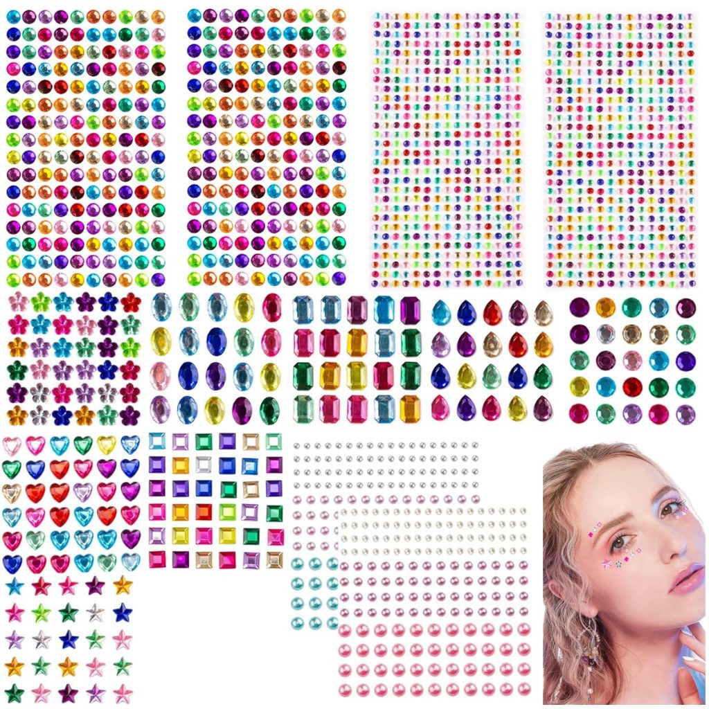 MAYCREATE® 1600pcs Face Rhinestones Sticker Kits, Self Adhesive Flatback Glitter Crystal Sticker for Makeup Hair Decor, Assorted Color & Size Face Jewels Diamonds for Crafts,DIY Phone Case
