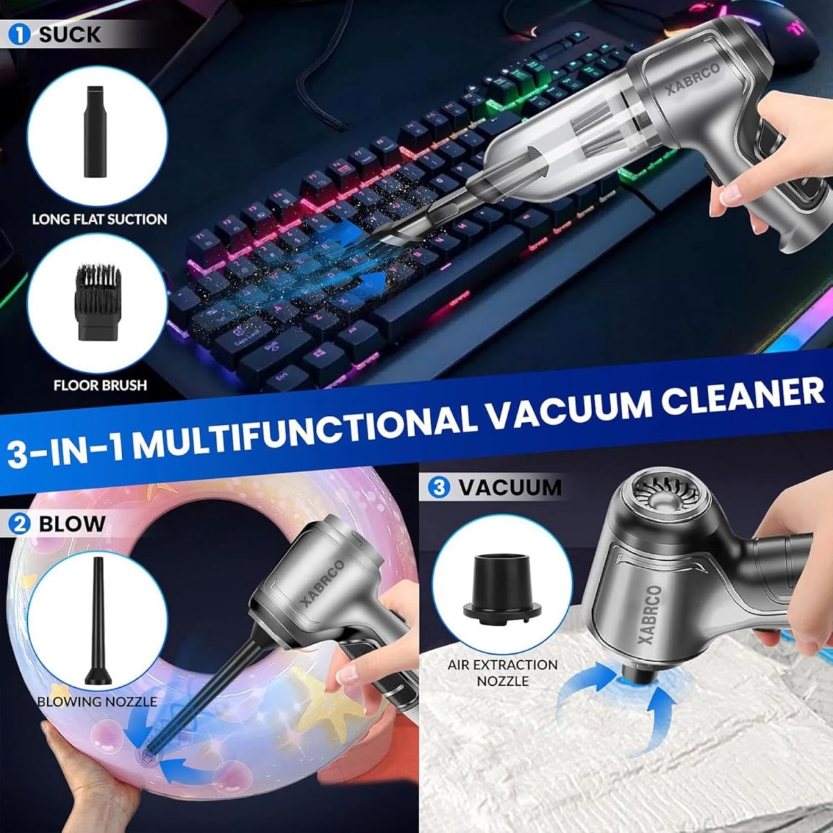 XABRCO Car Vacuum Cleaner 6 in 1 Portable Handheld Air Blower for Cleaning Dust 120W High-Power Vacuum Cleaner for Home Use Wet and Dry (Gray) || Best Car Accessories 2025 || - Image 4