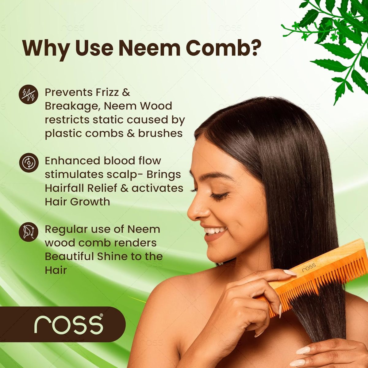Ross Neem Wood Comb – Oil-Treated with Kacchi Neem, Bhringraj & 15+ Herbs for Hair Growth, Anti-Hair Fall, Dandruff & Frizz Control – Herbal Wooden Comb for Men & Women (Dual Tooth) - Image 4