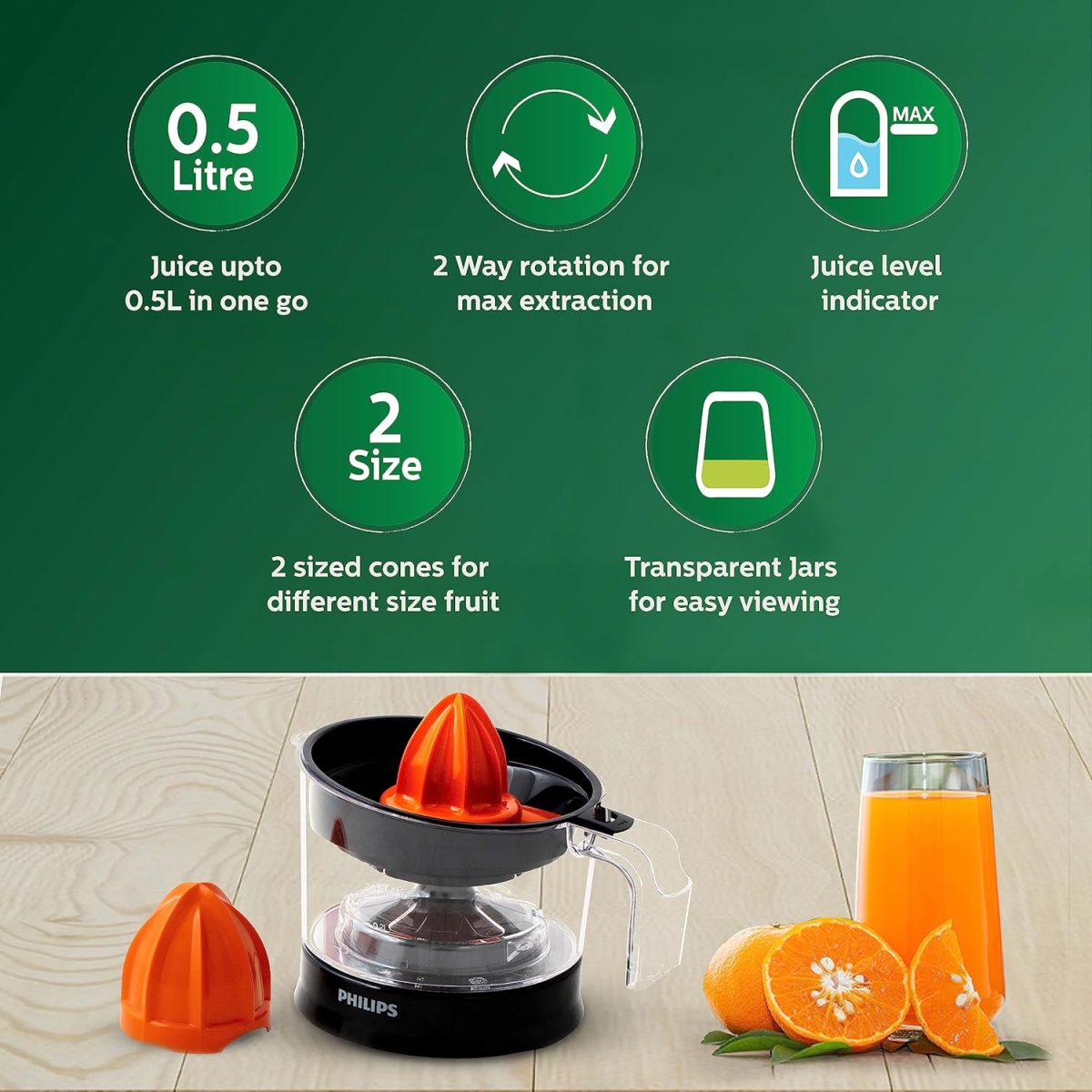 Philips Citrus Press Juicer HR2777/00, 0.5 Litre, 2 Sized Cones for different size fruit - Image 3