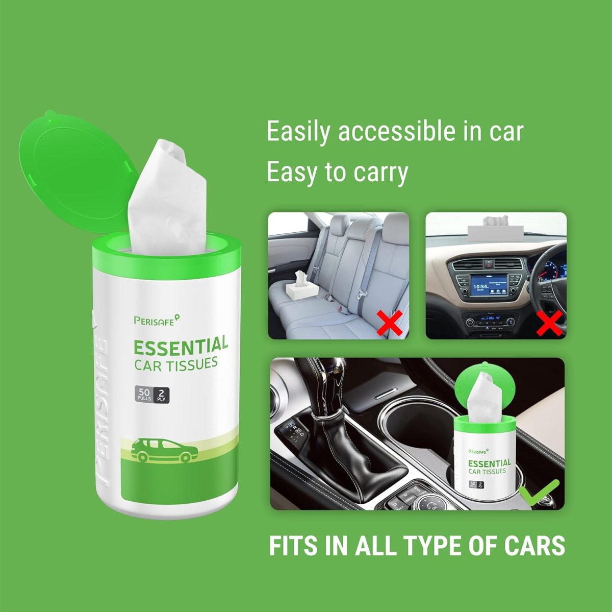 Perisafe Essential Car Tissues Pack of 5 (50 pulls 2 ply–250 pulls) | Fits in All Type of Car Cup Holder| Easily Accessible |Soft, Eco Friendly & Chemical Free |1 Canister of 50 pulls + 4 Refill - Image 2