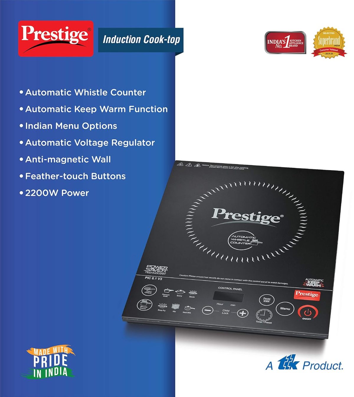 Prestige PIC 6.1 V3 PIC 2200 Watts Induction Cooktop |High Voltage Surge Protection| Automatic Whistle Counter | Feather Touch Buttons | Keep Warm Function |Dual Heat Sensor| Black - Image 3