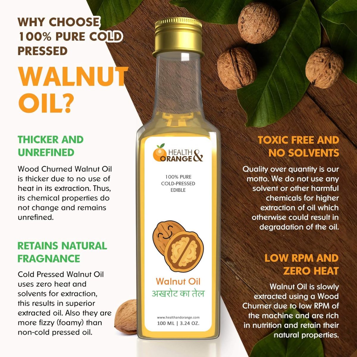 H&O Walnut Oil - 100% Pure Cold Pressed Edible Akhrot Ka Tel - 100ml Glass Bottle - Image 5