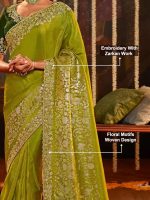 TRENDMALLS Women's Jacquard Silk Embroidery work Saree with Unstitched Blouse Piece (K1064-Green) - Image 4
