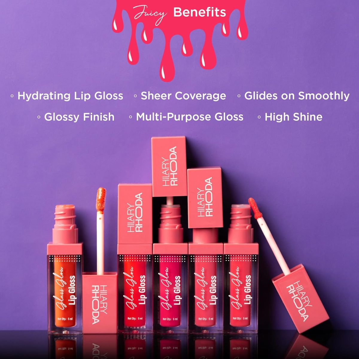 Hilary Rhoda Glass Glow Lip Gloss | Nourishing & Hydrating Lip Gloss | Sheer Coverage | High Shine | Juicy & Plump Lips | Glides on Smoothly | 5ml (Plumalicious - Shade 05) - Image 4