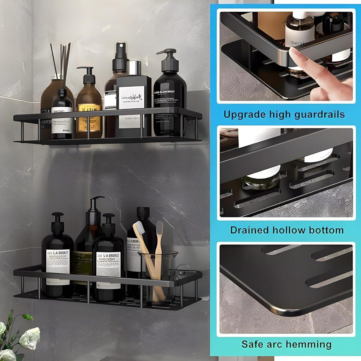 MorivaHomes Multipurpose Self-Adhesive Aluminium Bathroom Wall Mounted Storage Organizer Shelf Holder/Rack/Bathroom Accessories (Pack of 2, Black) - Image 4