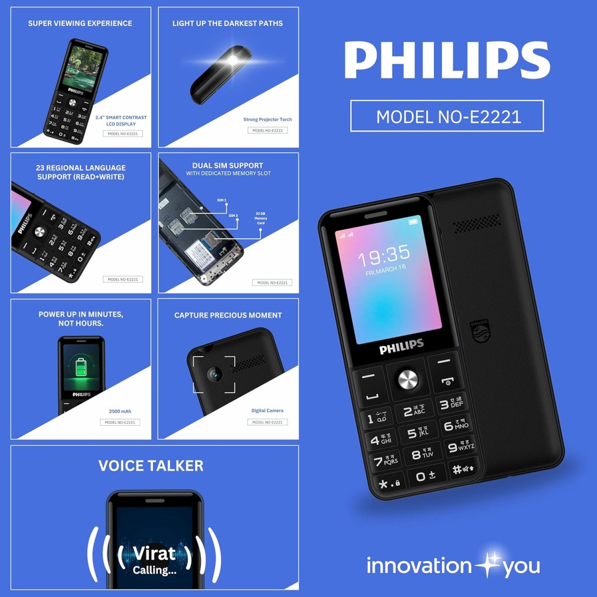 Philips All-New E2221 Sleek & Stylish |Keypad Mobile with 2.4" Screen|2500 MAH Battery | 2030mm Speaker| Wireless FM | Bright Torch| Digital Camera|Black - Image 8
