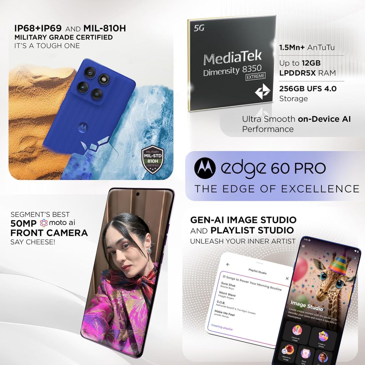 Motorola Edge 60 Pro 5G (Pantone Dazzling Blue, 8GB RAM, 256GB Storage) | 6.7" Display | 50MP+50MP+10MP | 50MP Front | Dimensity 8350 | 6000mAh | 90W & 15W Wireless Charging | IP68/IP69 Rated - Image 5