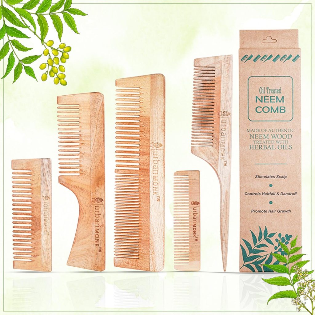 URBANMONK Neem Comb for Hair Growth | Wood Comb for Hair Growth, Hair fall & Dandruff Control | Neem Wooden Comb for Women & Men | All Five Combs