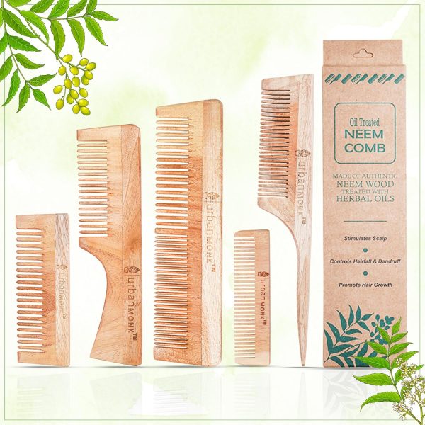 URBANMONK Neem Comb for Hair Growth | Wood Comb for Hair Growth, Hair fall & Dandruff Control | Neem Wooden Comb for Women & Men | All Five Combs