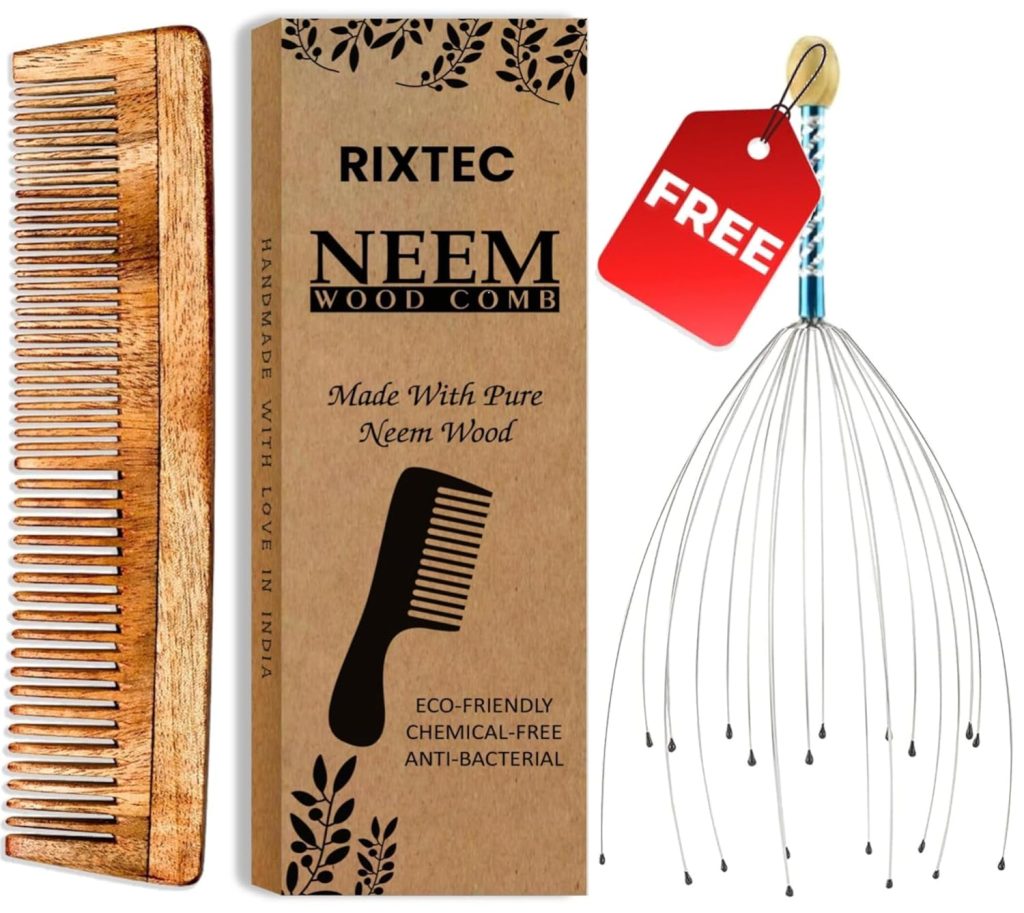 RIXTEC Neem Comb, Wooden Comb | Hair Growth, Hairfall, Dandruff Control | Hair Straightening, Frizz Control For Men and Women