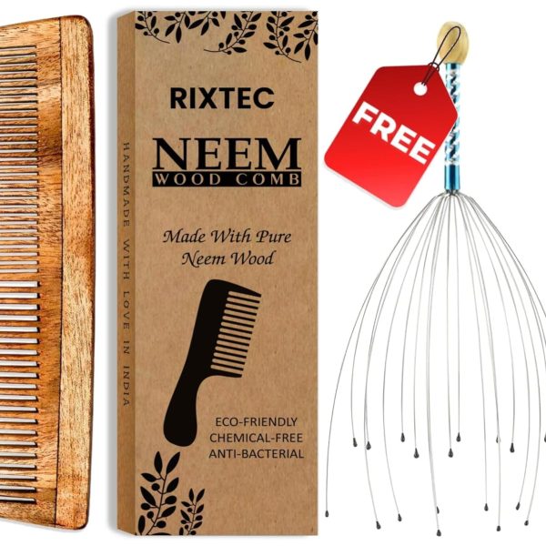 RIXTEC Neem Comb, Wooden Comb | Hair Growth, Hairfall, Dandruff Control | Hair Straightening, Frizz Control For Men and Women