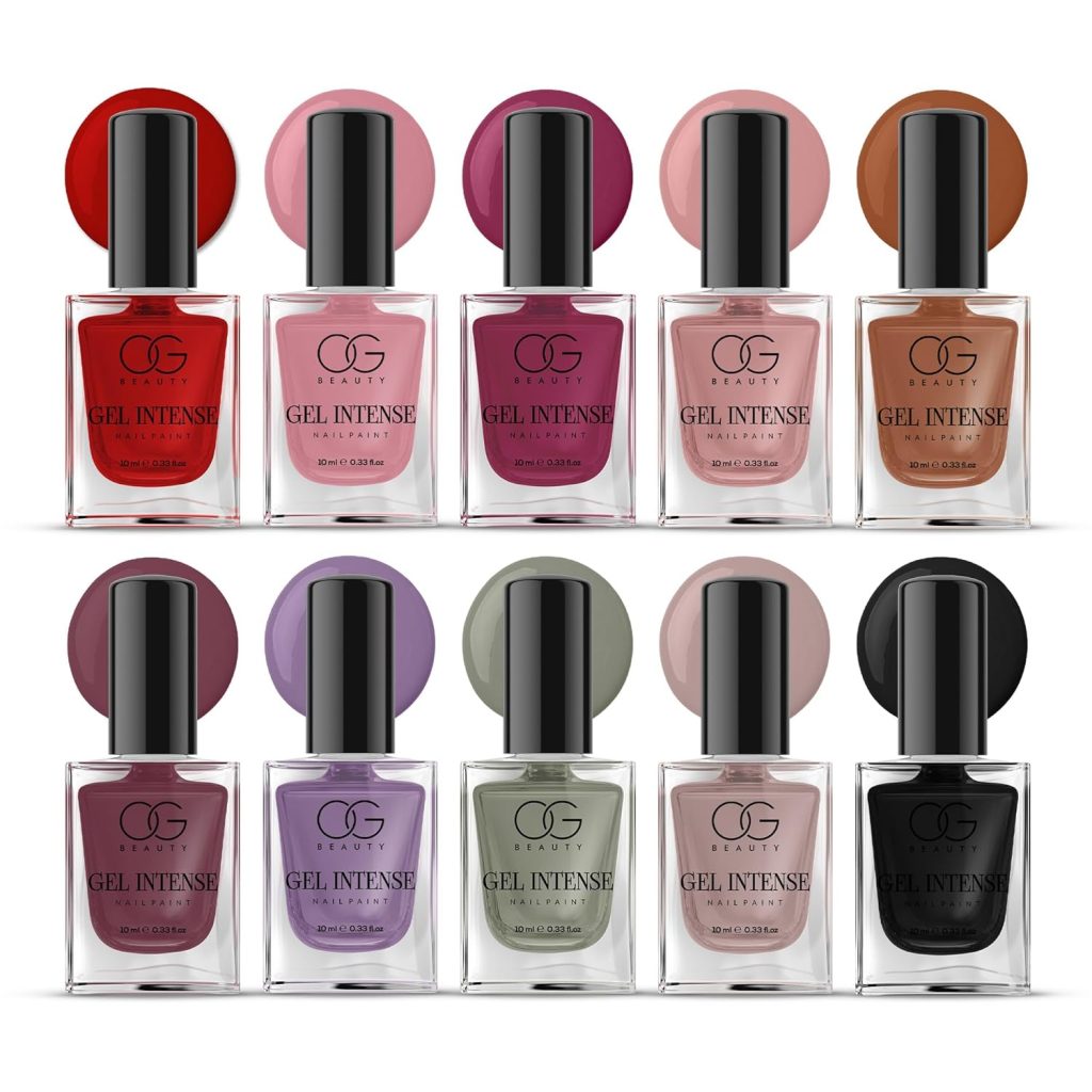 OG BEAUTY Gel Intense Nail Paint Set of 10 | Vegan, Longwear & Quick-Dry Formula | Red, Lilac, Burgundy, Peach, Cocoa, Rosy, Berry, Grey, Pink & Black | 10ml Each
