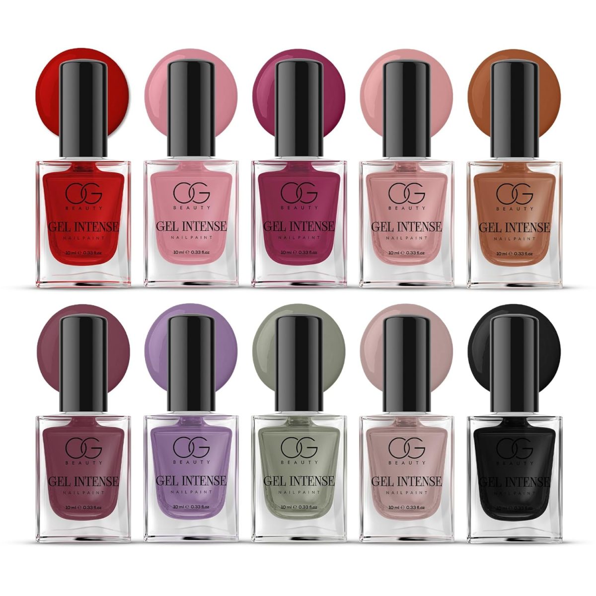 OG BEAUTY Gel Intense Nail Paint Set of 10 | Vegan, Longwear & Quick-Dry Formula | Red, Lilac, Burgundy, Peach, Cocoa, Rosy, Berry, Grey, Pink & Black | 10ml Each